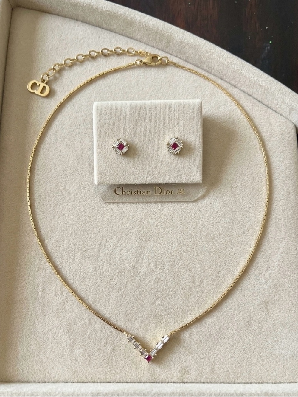 Dior Gold Necklace with Ruby-Red Accents and Matching Studs